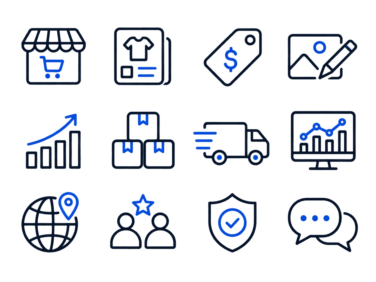 Commerce icon system showing marketplace, logistics, analytics and trust icons.