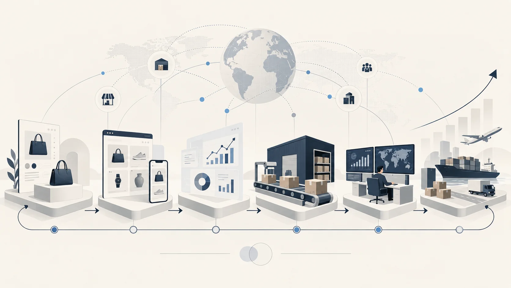 AI-generated illustrative scene: Illustration of the connected ecommerce operating ecosystem from product to logistics and analytics.