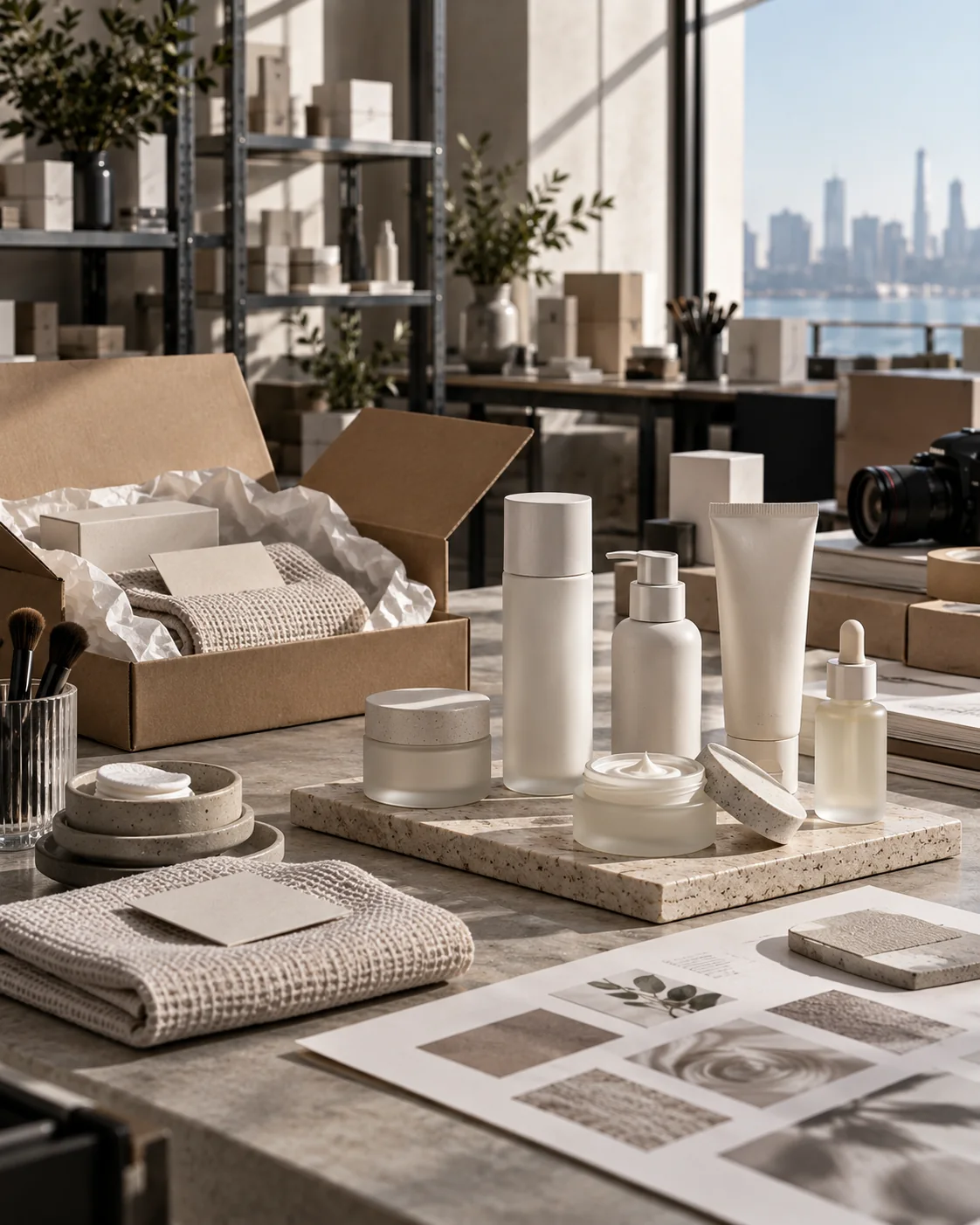 AI-generated illustrative scene: Premium skincare and creative studio workspace scene.