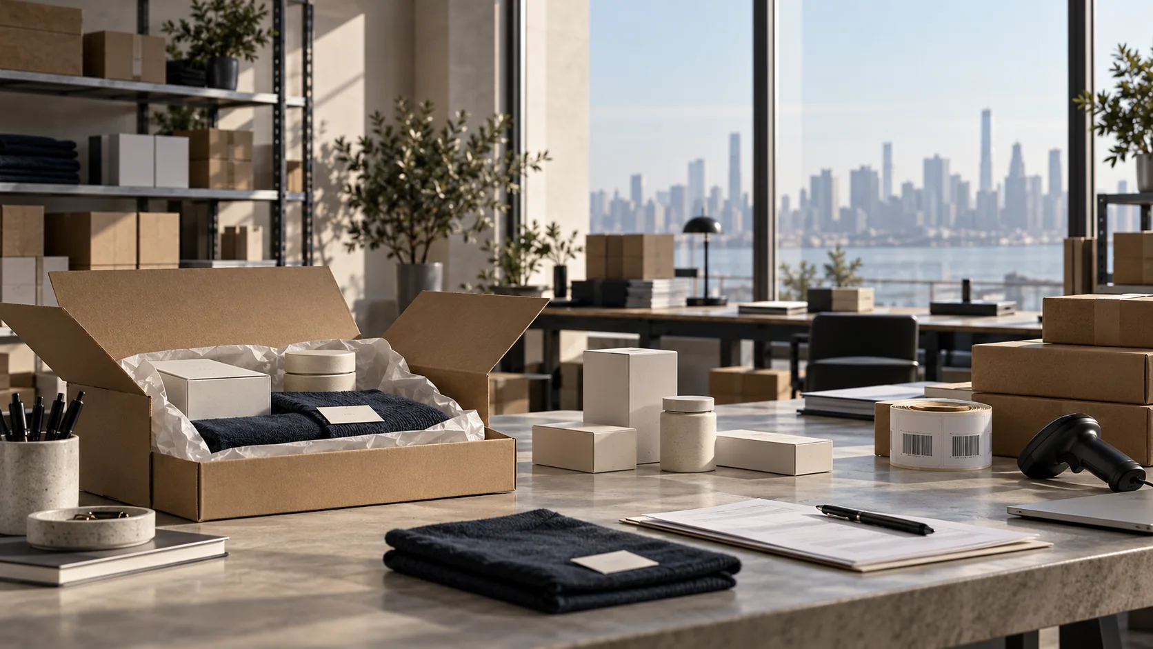 AI-generated illustrative scene: Editorial scene of a premium ecommerce operations studio with packaging workspace.
