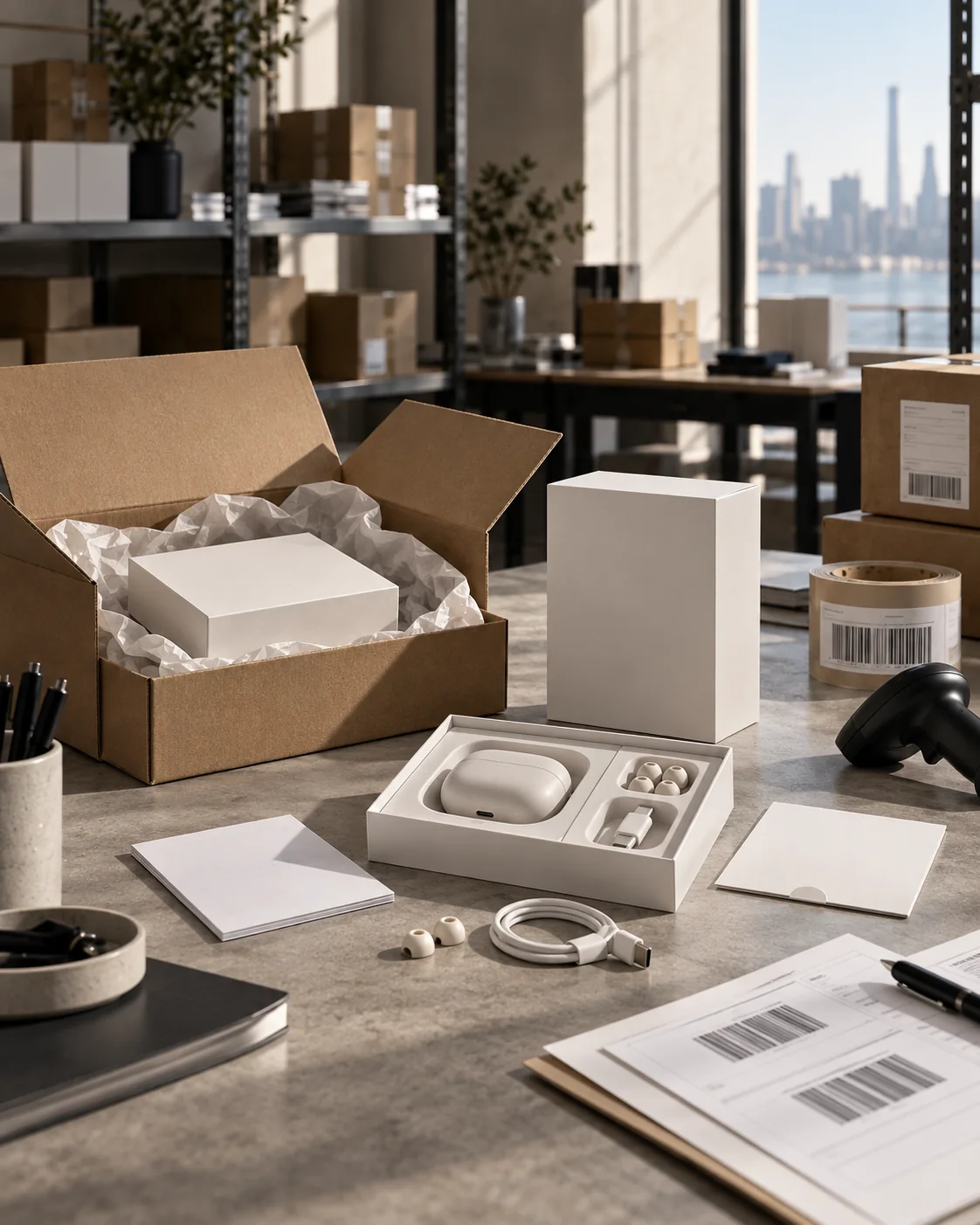 AI-generated illustrative scene: Consumer electronics packaging and fulfillment scene.