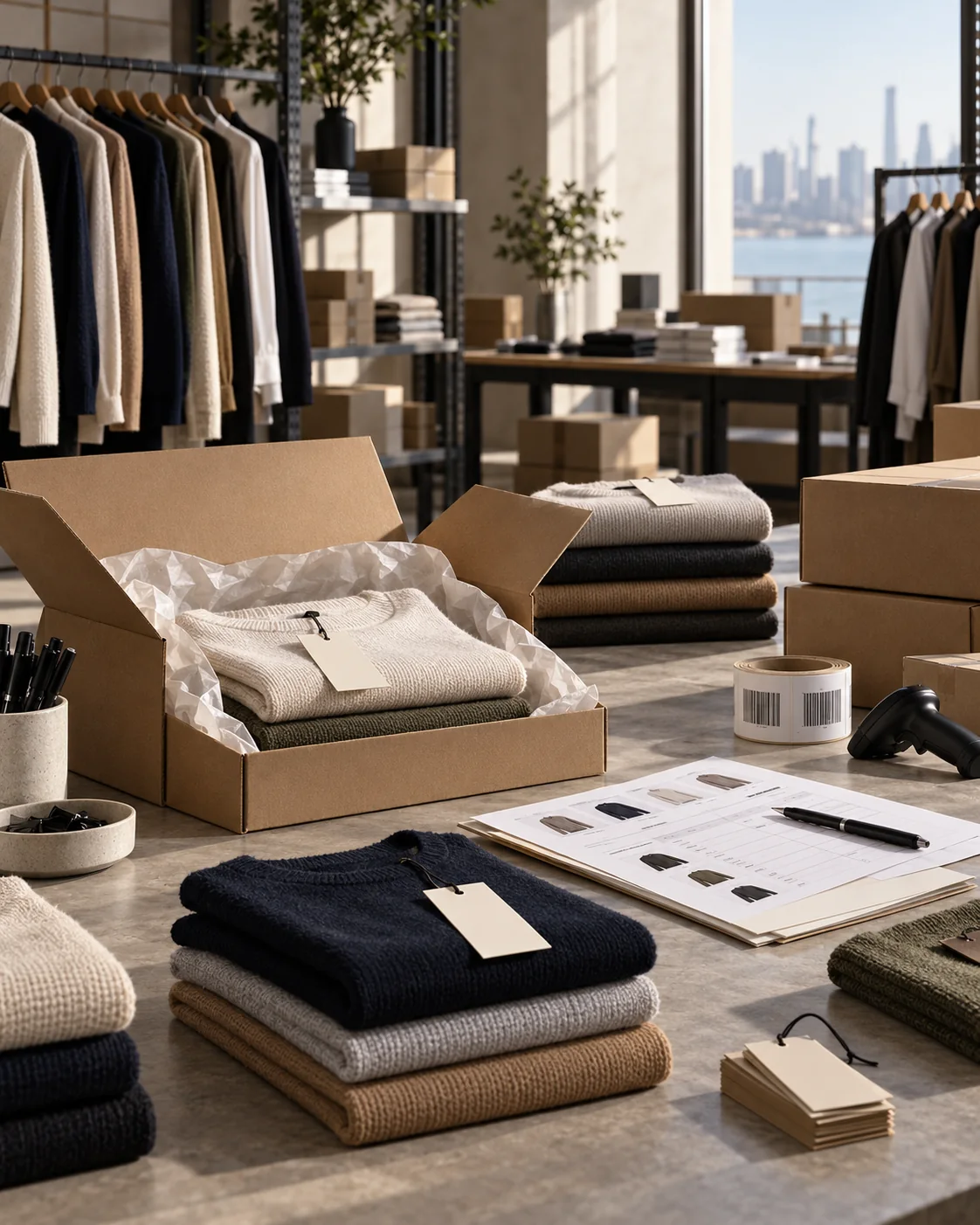 AI-generated illustrative scene: Fashion fulfillment and knitwear studio scene.