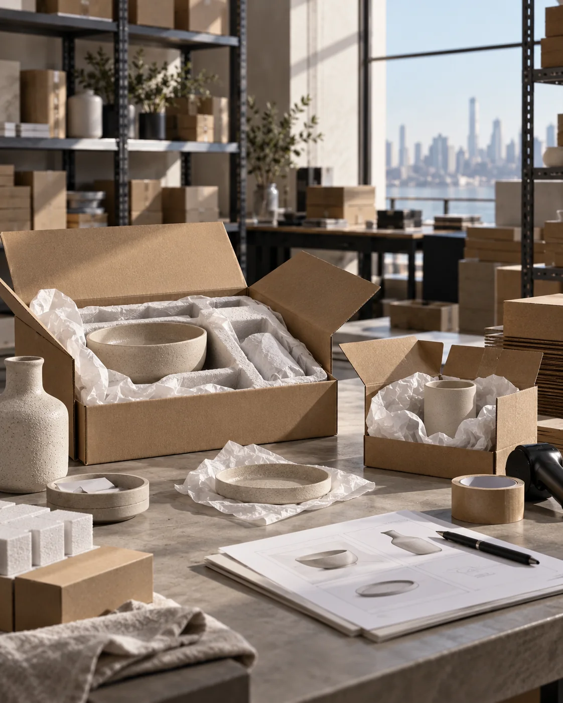 AI-generated illustrative scene: Home and ceramics packaging scene.