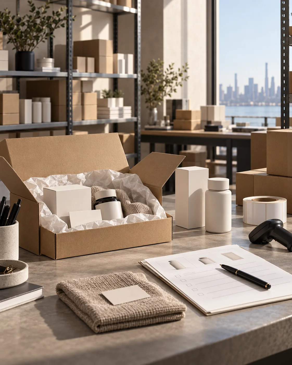 AI-generated illustrative scene: Premium wellness packaging and commerce workspace scene.